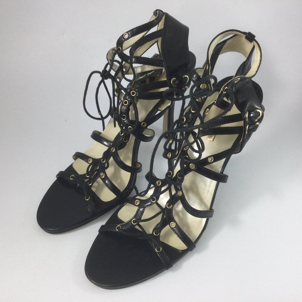 Michael Antonio Black Strappy Stiletto Shoes High Heel Gold Studs Siz 10